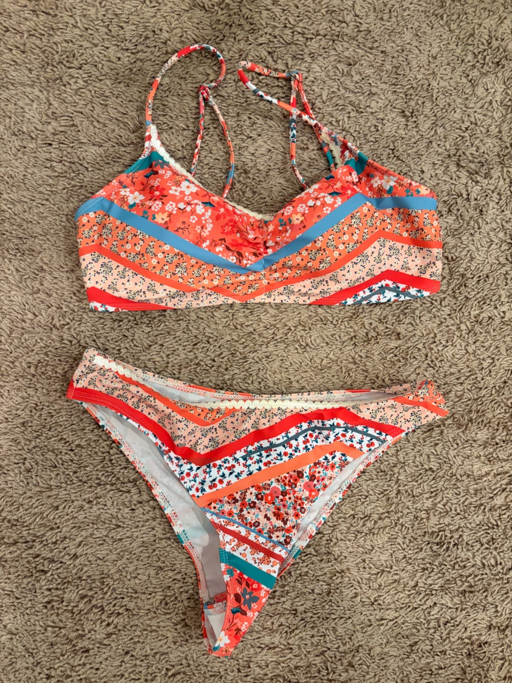 Striped Floral Bikini Set in Coral, Blue & White